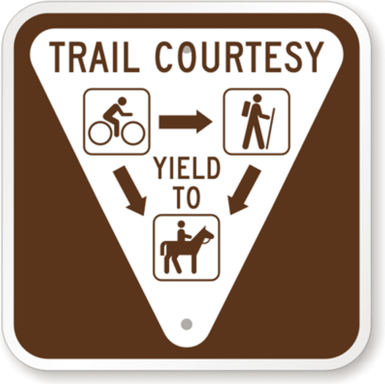 Trail Courtesy sign. Bicyclists yield to horses and hikers. Hikers yield to horses. 